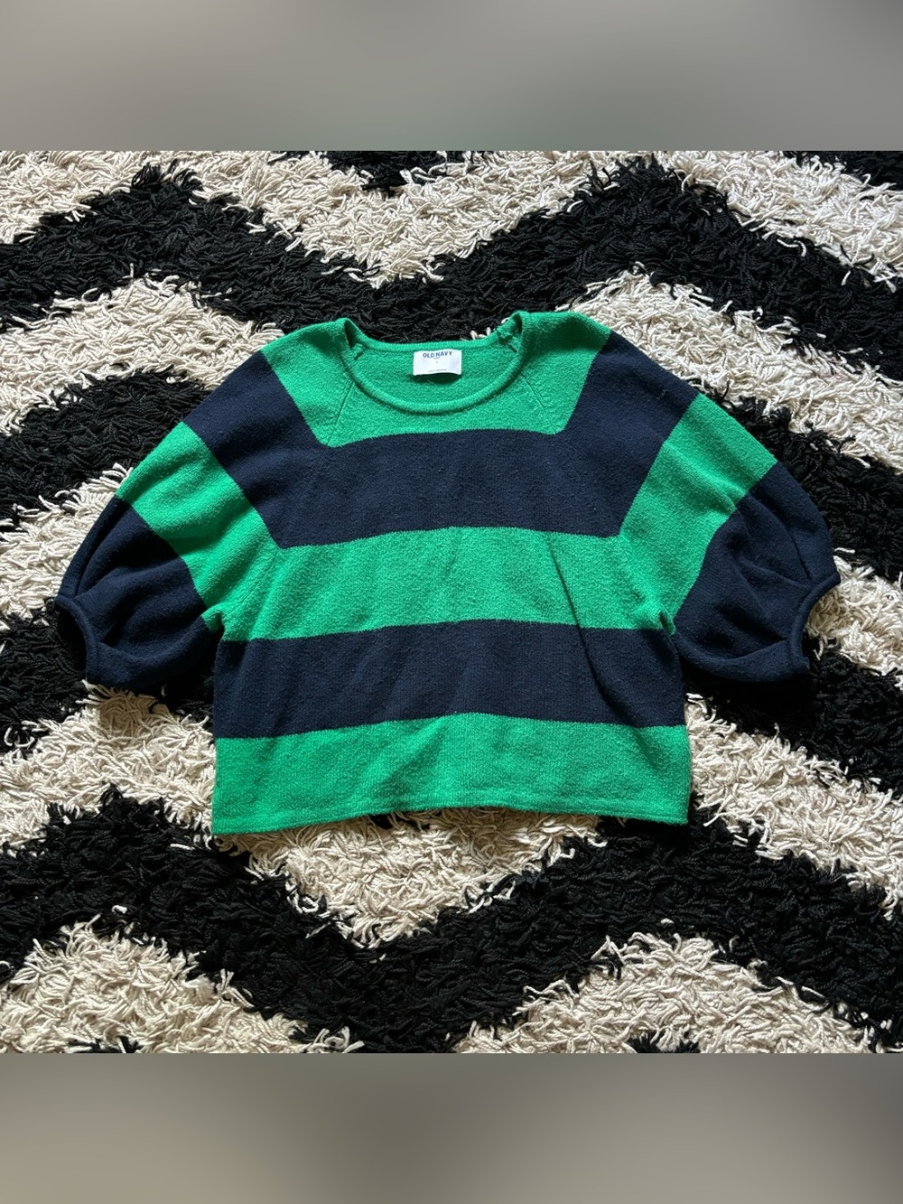 Old Navy Green and Navy Blue Striped Knit Puffy Short 3/4 Sleeve Sweater